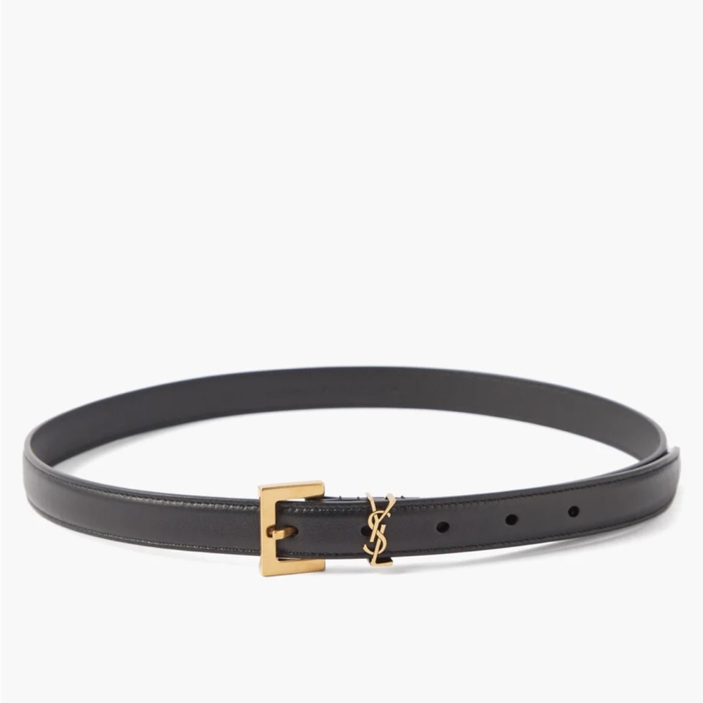 YSL Yves Saint Laurent monogram black leather gold belt Paris 45x 1” large JB